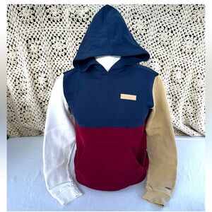 Skechers Hoodie Pullover Kids XL Blue Red White Beige Colorblock Kangaroo Pocket